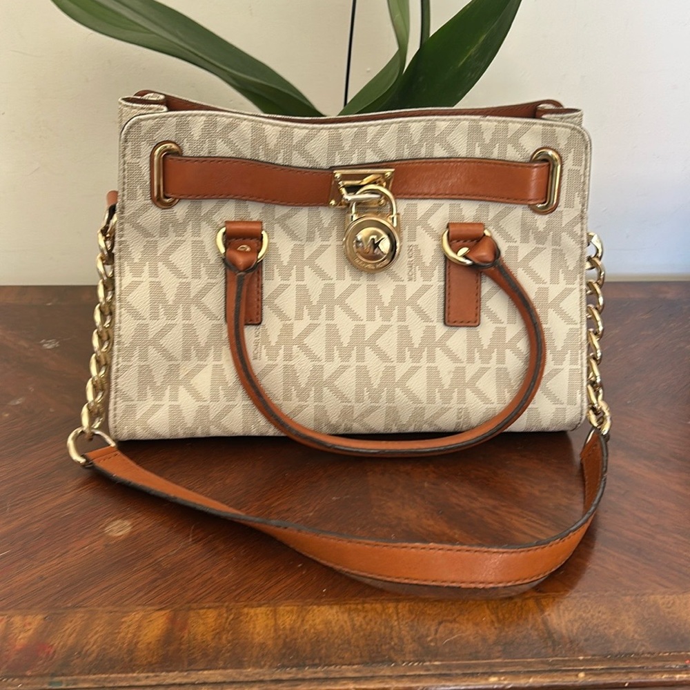 Cream and Brown Structured Satchel with Leather Accents